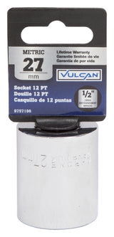 Vulcan MT6534143 Drive Socket, 27 mm Socket, 1/2 in Drive, 12-Point, Chrome Vanadium Steel, Chrome