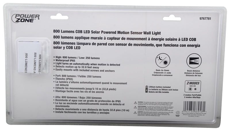 PowerZone 12452 Solar Powered Motion Sensor Wall Light, Lithium Battery, 1-Lamp, COB LED Lamp, ABS/PS Fixture, Black