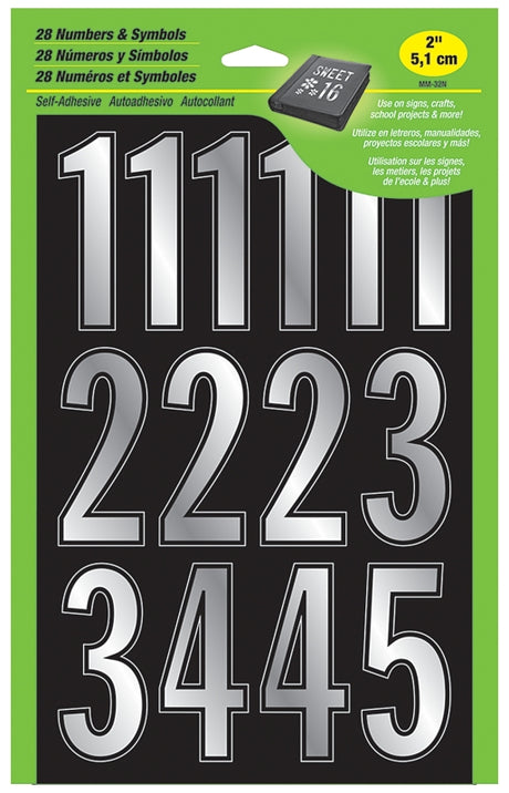 Hy-Ko MM-32N Prism Number Set, 2 in H Character, Silver Character, Vinyl, Pack of 5