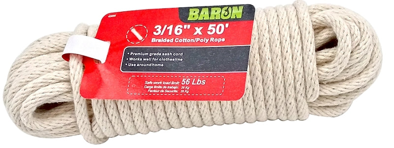 Baron 42605 Sash Cord, 3/16 in Dia, 50 ft L, 56 lb Working Load, Cotton/Poly, White