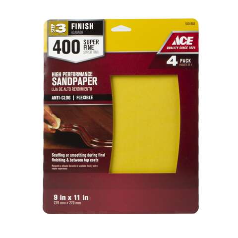 Ace 11 in. L X 9 in. W 400 Grit Aluminum Oxide All Purpose Sandpaper 4 pk