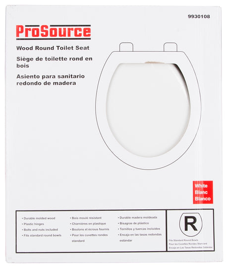 ProSource T-17WM-3L Toilet Seat, Round, MDF Molded Fiberboard, White, Plastic Hinge