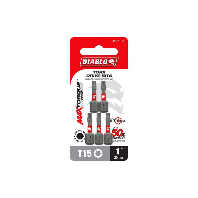 Diablo DT151P5 Insert Bit, T15 Drive, Torx Drive, 1/4 in Shank, Hex Shank, 1 in L