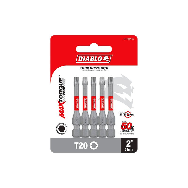 Diablo DT202P5 Screwdriver Insert Bit, #20 Drive, Torx Drive, 2 in L, 5/PK