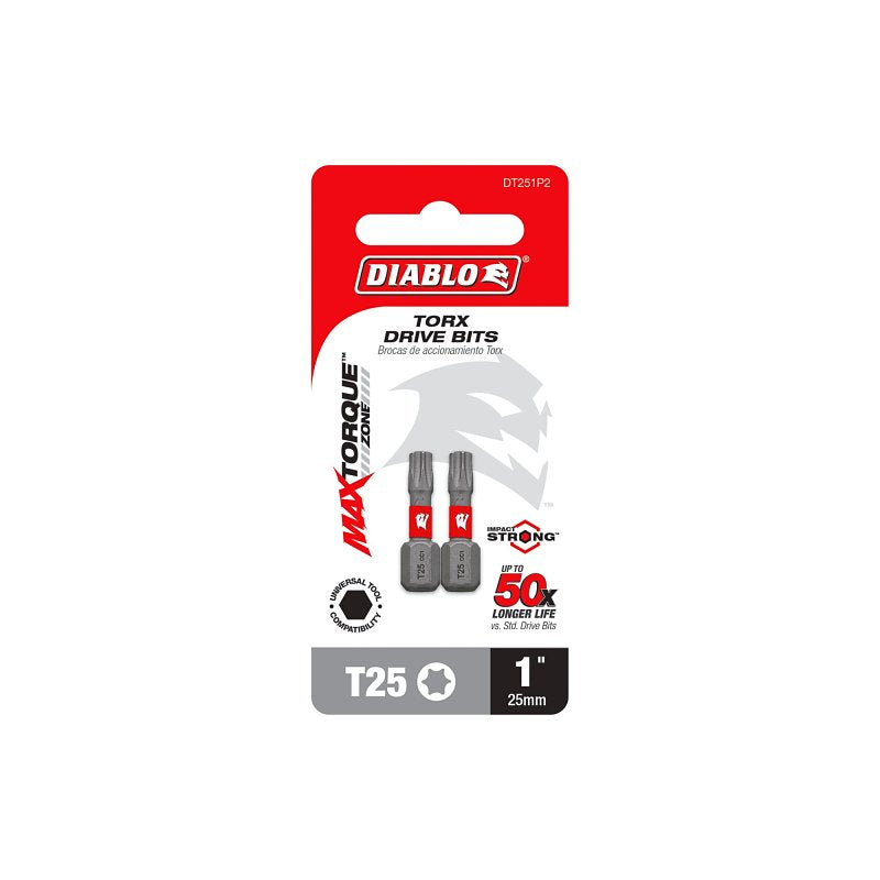 Diablo DT251P2 Screwdriver Insert Bit, #25 Drive, Torx Drive, 1 in L, 2/PK