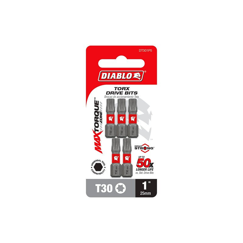 Diablo DT301P5 Screwdriver Insert Bit, #30 Drive, Torx Drive, 1 in L, 5/PK, Pack of 5