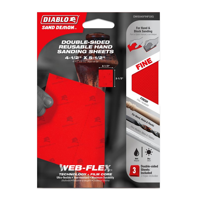 Diablo Sand Demon DWS045FINF03G Reusable Hand Sanding Sheet, 5-1/2 in L, 4-1/2 in W, Fine, Aluminum Oxide Abrasive