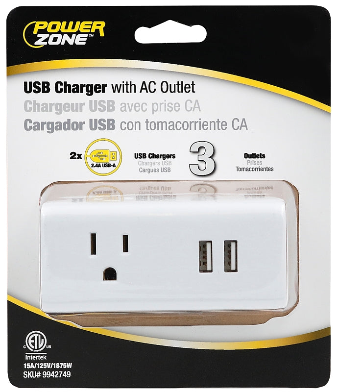 PowerZone ORPBU069 Outlet Tap, 2.4 A, 2-USB Port, 3-Outlet, White