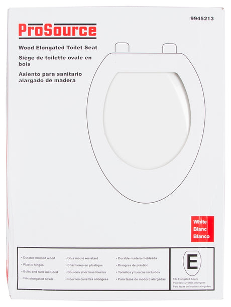 ProSource T-19WM-3L Toilet Seat, Elongated, MDF Molded Fiberboard, White, Plastic Hinge