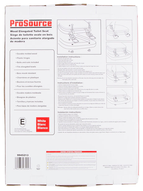 ProSource T-19WM-3L Toilet Seat, Elongated, MDF Molded Fiberboard, White, Plastic Hinge