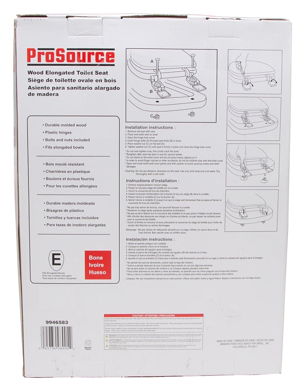 ProSource T-19WM-B-3L Toilet Seat, Elongated, MDF Molded Fiberboard, Bone, Plastic Hinge