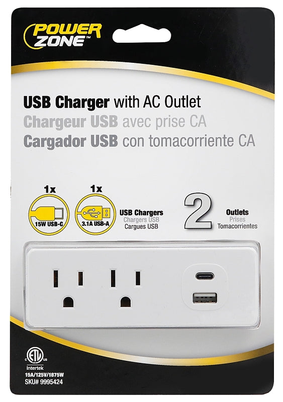 PowerZone ORPBUC013 Outlet Tap, 3.1 A, 2-USB Port, 2-Outlet, White