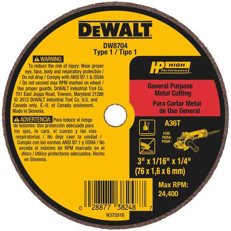 DeWalt High Performance 3 in. D X 1/4 in. Aluminum Oxide Cut-Off Wheel 1 pc