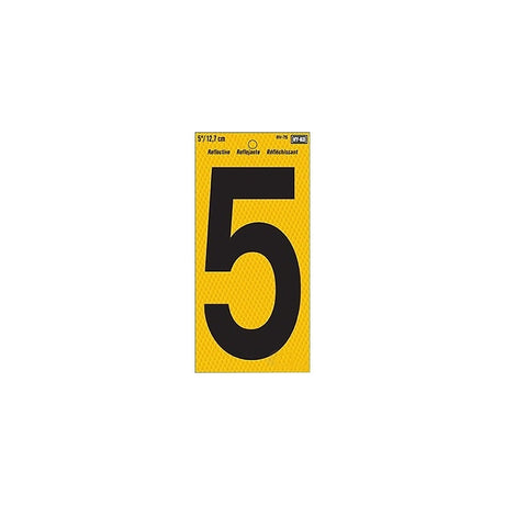 Hy-Ko RV-75/5 Reflective Sign, Character: 5, 5 in H Character, Black Character, Yellow Background, Vinyl, Pack of 10
