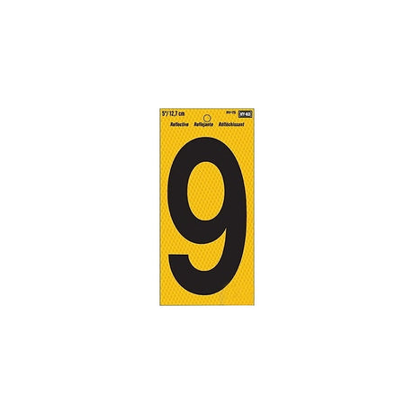 Hy-Ko RV-75/9 Reflective Sign, Character: 9, 5 in H Character, Black Character, Yellow Background, Vinyl, Pack of 10