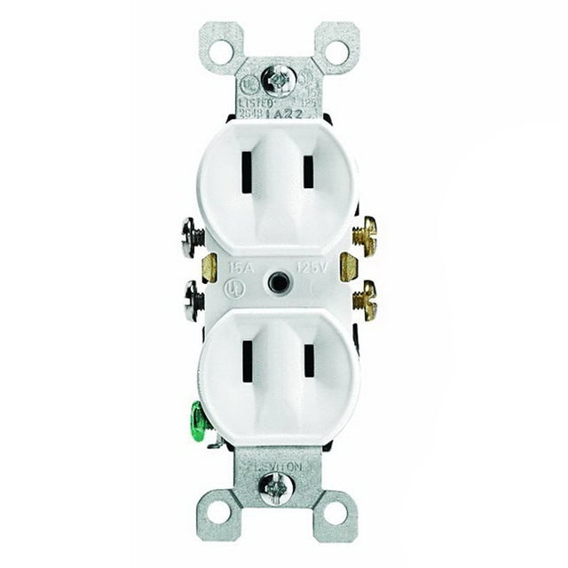 Leviton 008-00223-00W Duplex Receptacle, Thermoplastic, White, 2-Pole, 15 A, 125 V, Side Wiring, NEMA: 5-15R