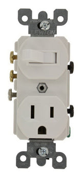 Leviton 032-05245-00W Combination Switch/Receptacle, 1-Pole, 15 A, 120 V Switch, 125 V Receptacle, White, Flush Mount