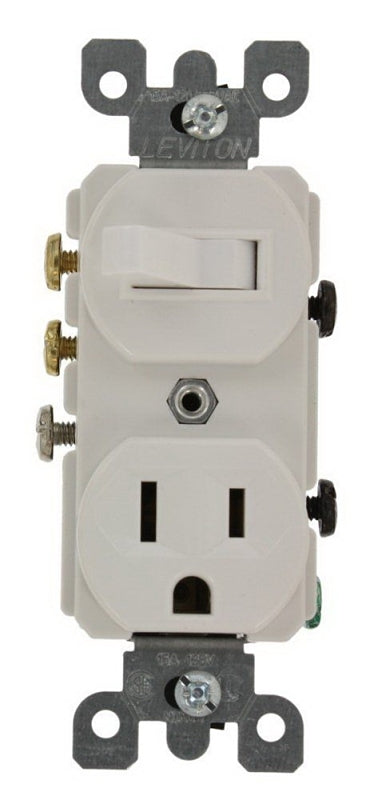 Leviton 032-05245-00W Combination Switch/Receptacle, 1 -Pole, 15 A, 120 V Switch, 125 V Receptacle, White