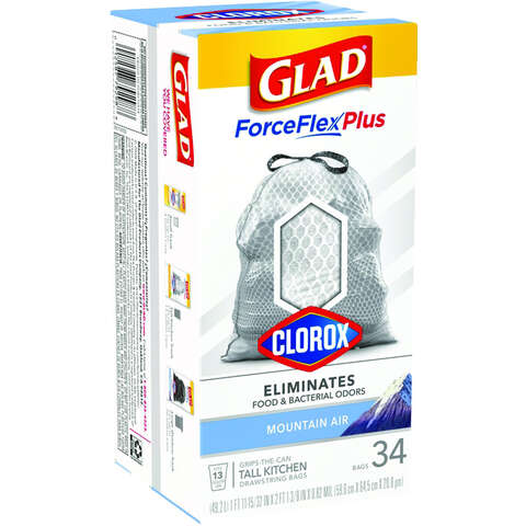 Glad Force Flex Plus 13 gal Mountain Air Scent Tall Kitchen Bags Drawstring 34 pk 0.82 mil, Pack of 6