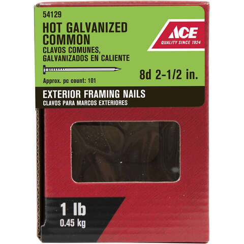 Ace 8D 2-1/2 in. Common Hot-Dipped Galvanized Steel Nail Flat Head 1 lb