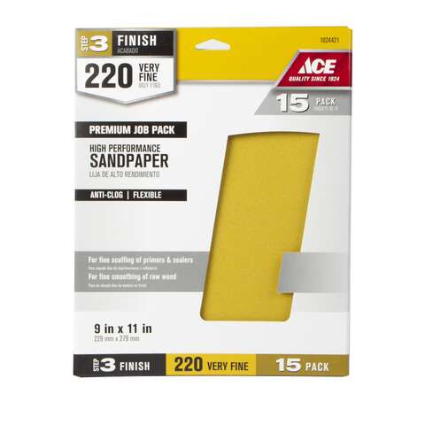 Ace 11 in. L X 9 in. W 220 Grit Aluminum Oxide All Purpose Sandpaper 15 pk