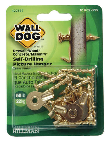 HILLMAN WALL DOG Brass-Plated Gold Self-Drilling Picture Hanger 50 lb 10 pk, Pack of 10