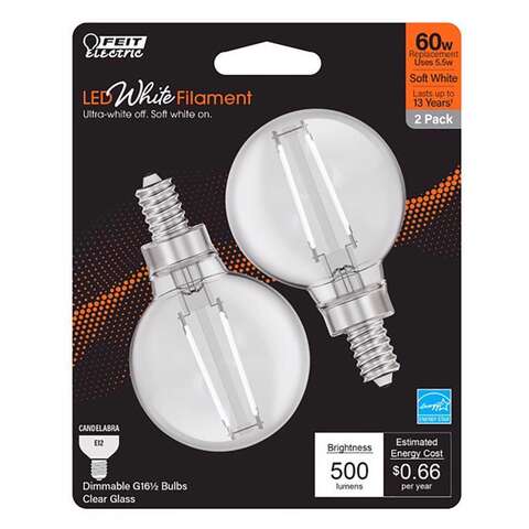 Feit White G16.5 E12 (Candelabra) Filament LED Bulb Soft White 60 Watt Equivalence 2 pk