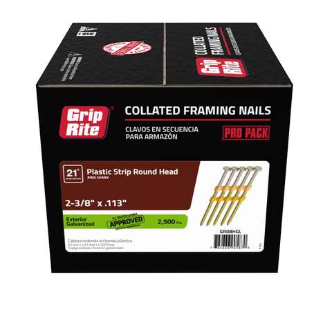 Grip-Rite 2-3/8 in. L X 12 Ga. Angled Strip Hot-Dip Galvanized Framing Nails 21 deg 2500 pk