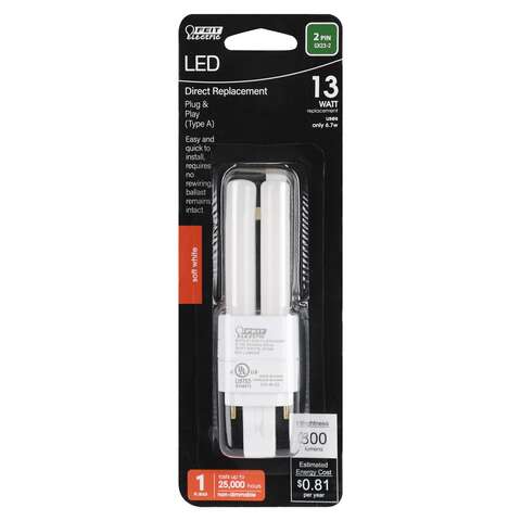 Feit Linear PL GX23-2 LED Tube Light Soft White 13 Watt Equivalence 1 pk