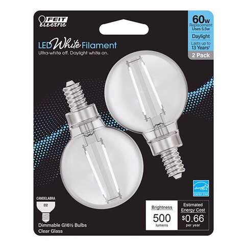 Feit White G16.5 E12 (Candelabra) Filament LED Bulb Daylight 60 Watt Equivalence 2 pk