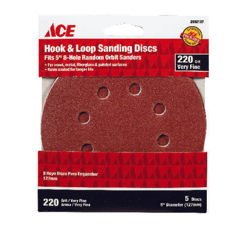 Ace 5 in. Aluminum Oxide Hook and Loop Sanding Disc 220 Grit Very Fine 5 pk, Pack of 5