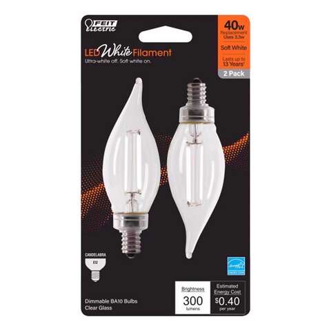 Feit White BA10 E12 (Candelabra) Filament LED Bulb Soft White 40 Watt Equivalence 2 pk