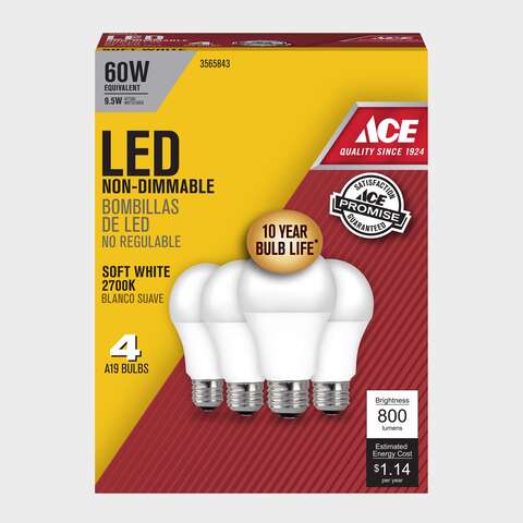 Ace A19 E26 (Medium) LED Bulb Soft White 60 Watt Equivalence 4 pk, Pack of 6