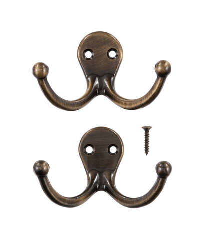 Ace 1-3/4 in. L Antique Brass Bronze Brass Small Double Garment Hook 2 pk, Pack of 5