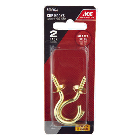 Ace Small Bright Brass Brass 2.0625 in. L Cup Hook 30 lb 1 pk, Pack of 5