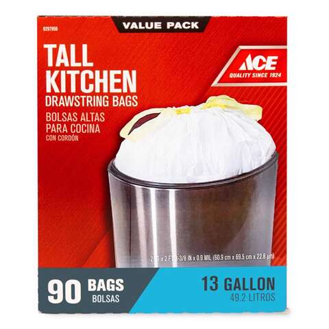 Ace 13 gal No Scent Scent Tall Kitchen Bags Drawstring 90 pk 0.9 mil, Pack of 6