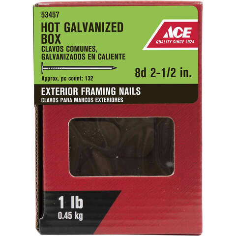 Ace 8D 2-1/2 in. Box Hot-Dipped Galvanized Steel Nail Flat Head 1 lb