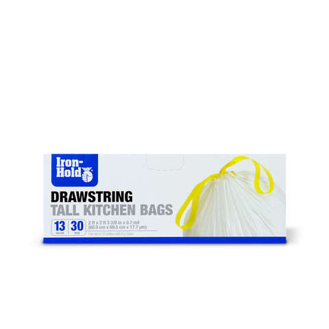 Iron-Hold 13 gal Tall Kitchen Bags Drawstring 30 pk 0.7 mil, Pack of 12