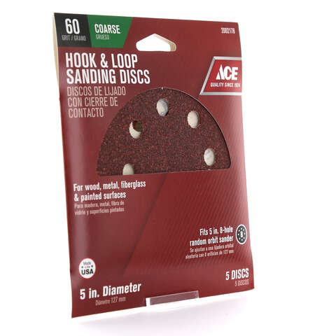 Ace 5 in. Aluminum Oxide Hook and Loop Sanding Disc 60 Grit Coarse 5 pk, Pack of 5