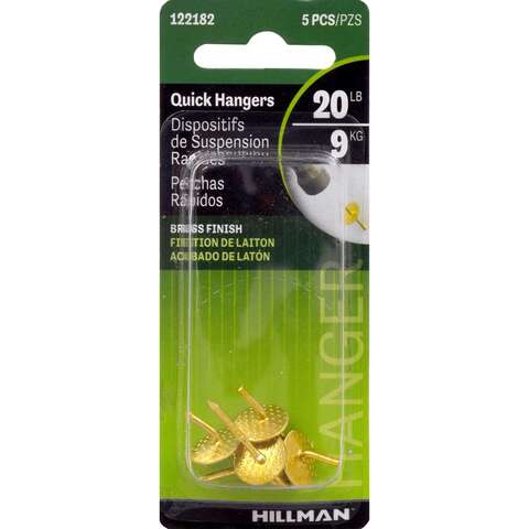 HILLMAN Brass-Plated One Piece Quick Hanger 20 lb 5 pk, Pack of 10