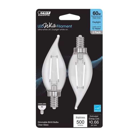 Feit White BA10 E12 (Candelabra) LED Flame Bulb Daylight 60 Watt Equivalence 2 pk