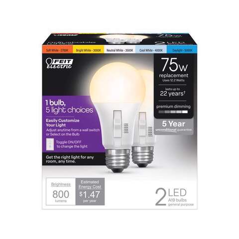 Feit A19 E26 (Medium) LED Bulb Tunable White/Color Changing 75 Watt Equivalence 2 pk