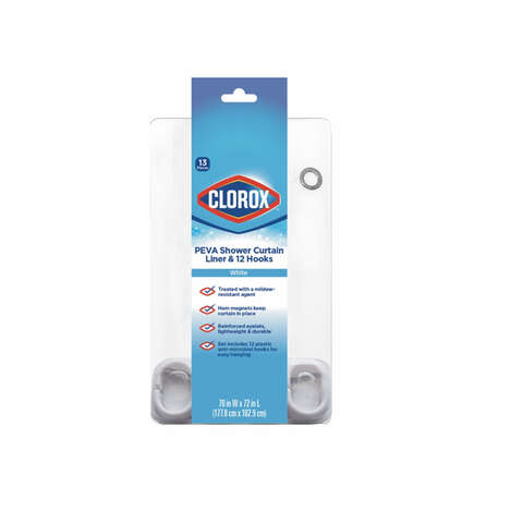 Clorox 70 in. H X 72 in. W White Shower Curtain W/Hooks PEVA