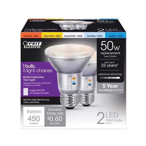 Feit PAR 20 E26 (Medium) LED Floodlight Bulb Tunable White/Color Changing 50 Watt Equivalence 2 pk