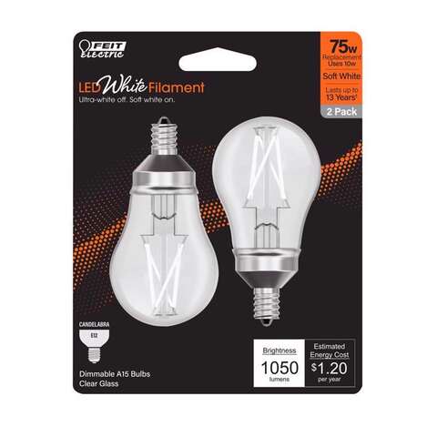 Feit White A15 E12 (Candelabra) Filament LED Bulb Soft White 75 Watt Equivalence 2 pk