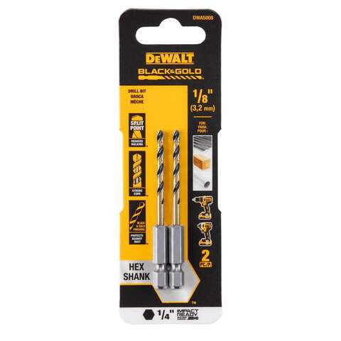 DeWalt Black & Gold 1/8 in. High Speed Steel Impact Ready Drill Bit Hex Shank 2 pk