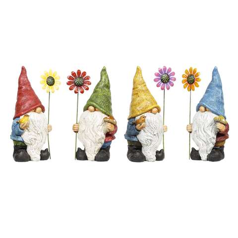 Alpine Polyresin Multi-color 10 in. Gnome with Flower Statue, Pack of 4