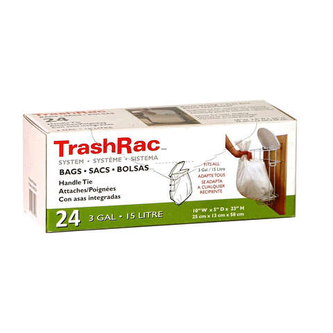 Trashrac 3 gal Trash Bags Handle Tie 24 pk 0.95 mil