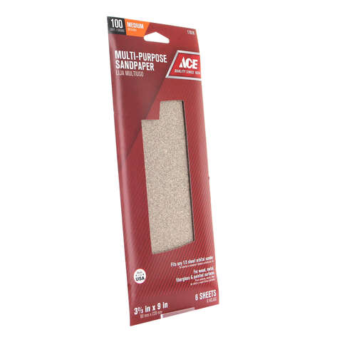 Ace 9 in. L X 3-2/3 in. W 100 Grit Aluminum Oxide Sandpaper 6 pk, Pack of 10