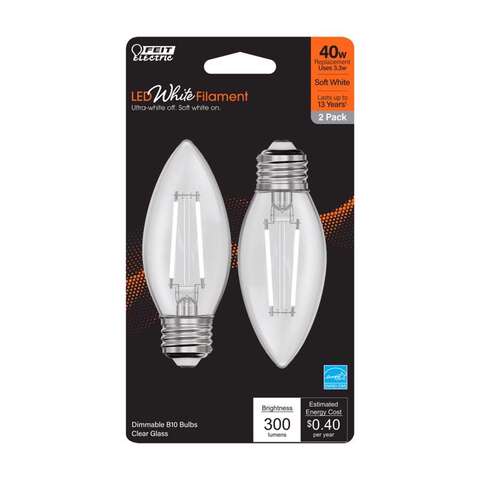 Feit White B10 E26 (Medium) Filament LED Bulb Soft White 40 Watt Equivalence 2 pk